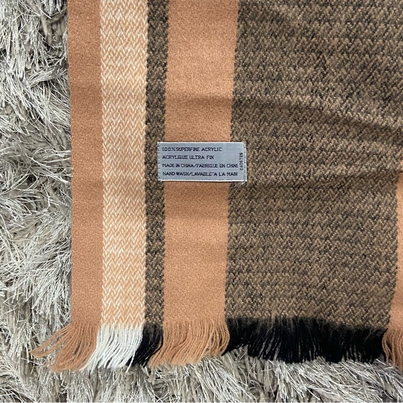 100% Superfine unisex acrylic tan/black and white stripe scarf. Used - Picture 3 of 8